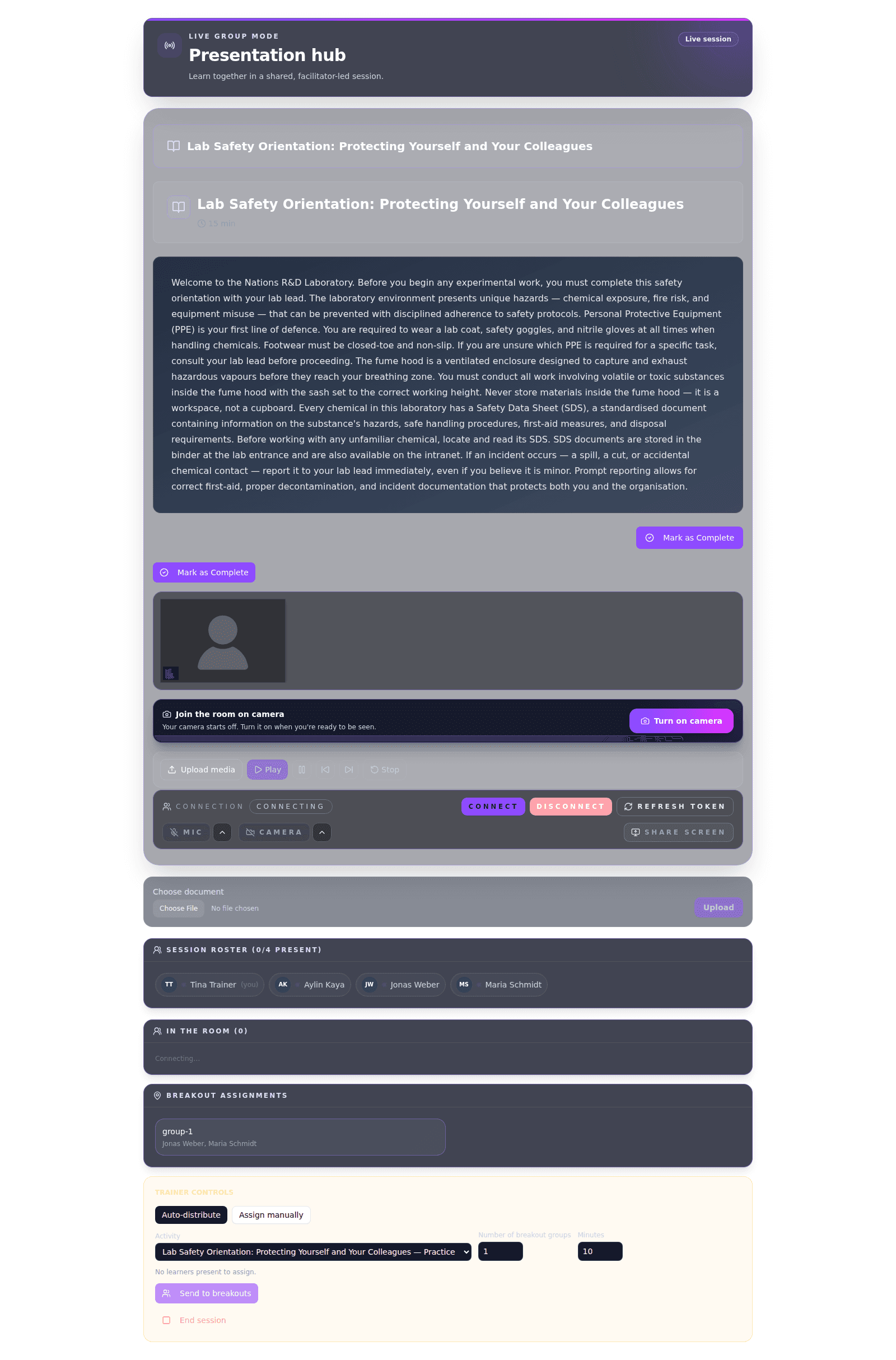 Trainer presentation hub during a live group session